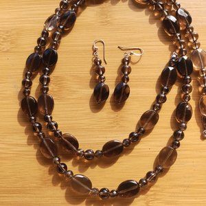 Jay King DTR mine finds Smokey Quartz 36" Necklace and Earrings set 925